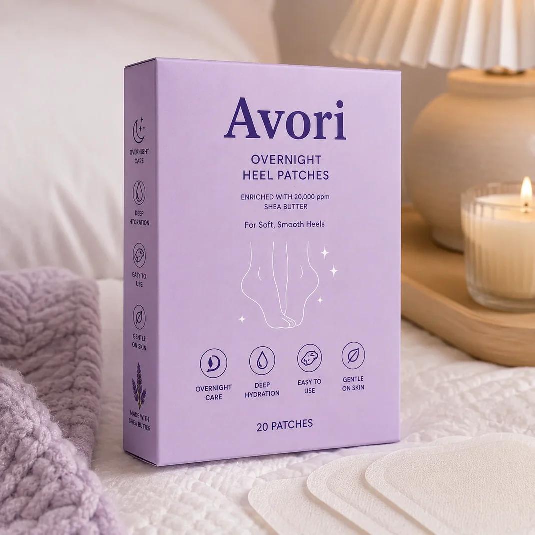 Avori Overnight Heel Patches, a specialized foot care treatment designed to moisturize and soften heels.